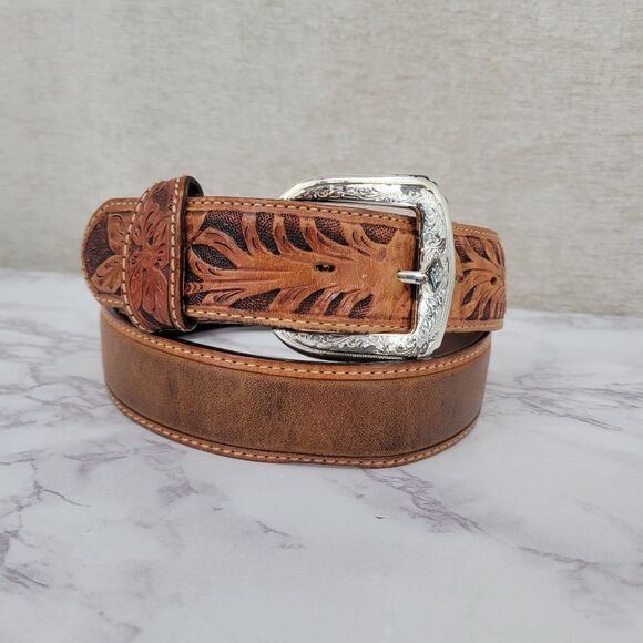 Tony Lama Brown Leather Floral Tooled Belt with Silver Buckle Top Hand - Picture 1 of 16